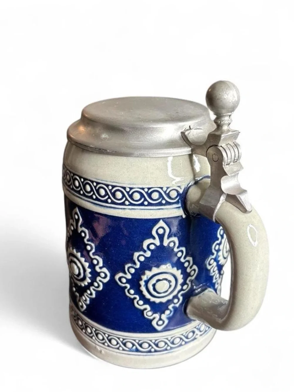 Gerz W Germany Blue Ceramic German-Style Beer Stein with attached intact lid